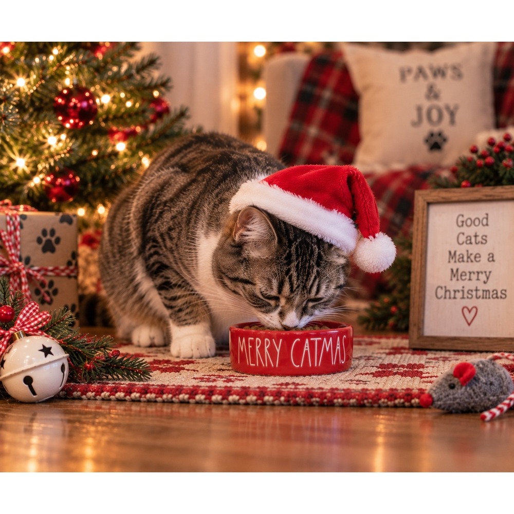 Rae Dunn Merry Catmas Cat Pet Bowl 5" Red Holiday Edition 2019 Christmas Holiday